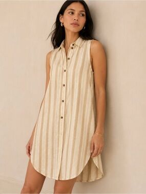 Anthropologie Striped Sleeveless Button up long shirt Cream & Beige- like new